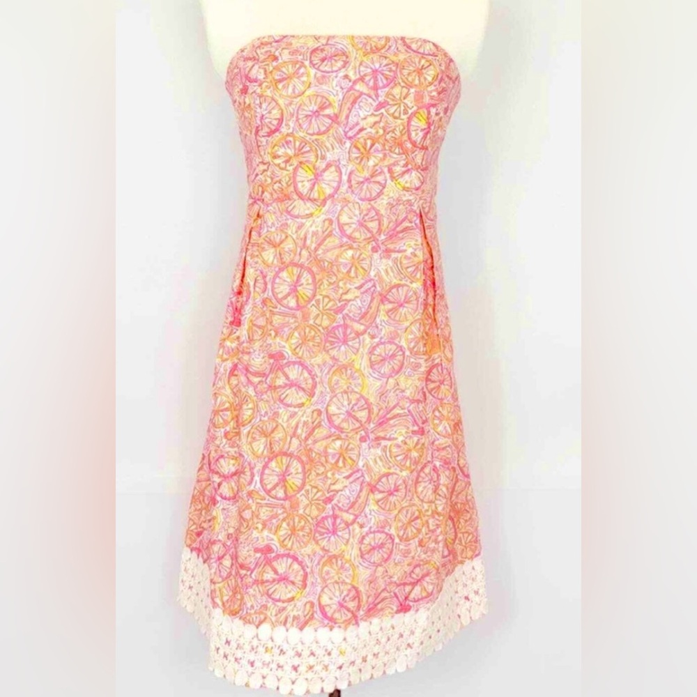 Lilly Pulitzer Betsey Strapless Dress in 10 Ten Speed BICYCLE Pink Orange Size 4